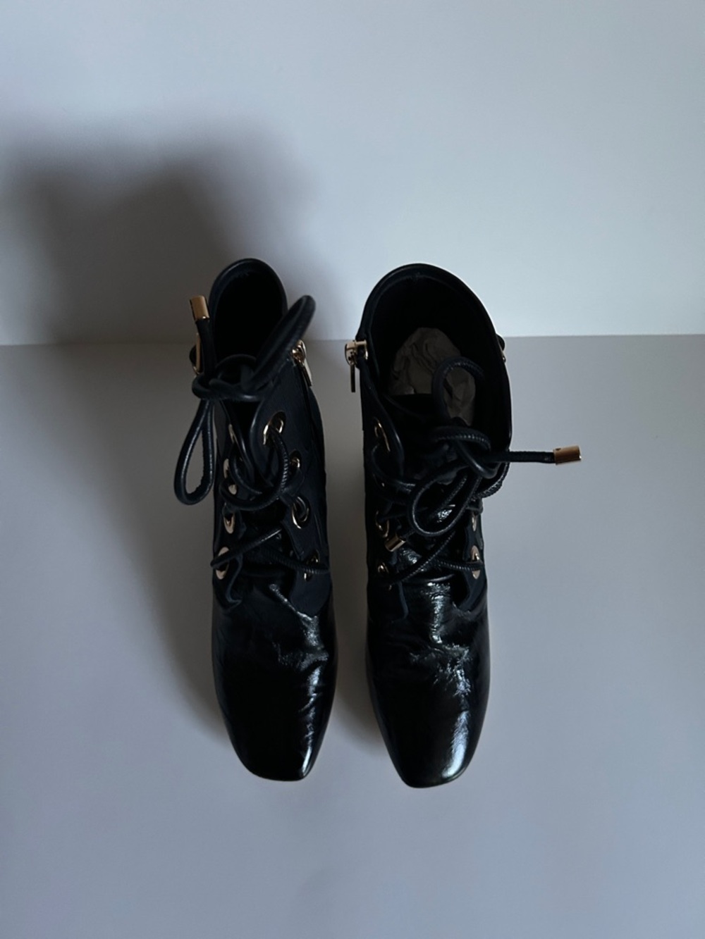 Dior Black Lace-Up Ankle Boots with Gold Ribbed Block Heel - Picture 6 of 6